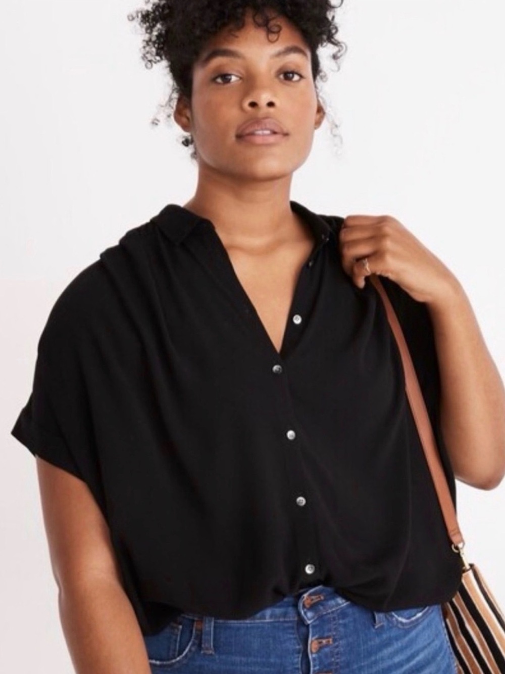 Madewell Black Button-Front Short Sleeve Women's Shirt Sz L EUC